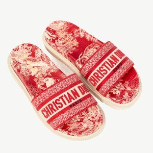 Christian Dior Dway Red Toile du Jouy Flowers Embroidered Slides